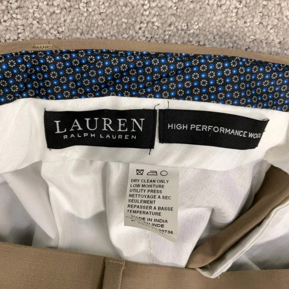 Lauren Ralph Lauren Dress Pants Mens 34W 32L Tan Performance Pleat Wool Stretch